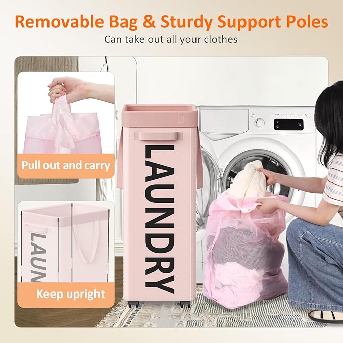 Pink Laundry Basket with Wheels, Dorm Room Essentials for Girls, 90L Rolling Laundry Hamper with Wheels and Removable Mesh Bag for Clothes, Bedroom, Bathroom, College