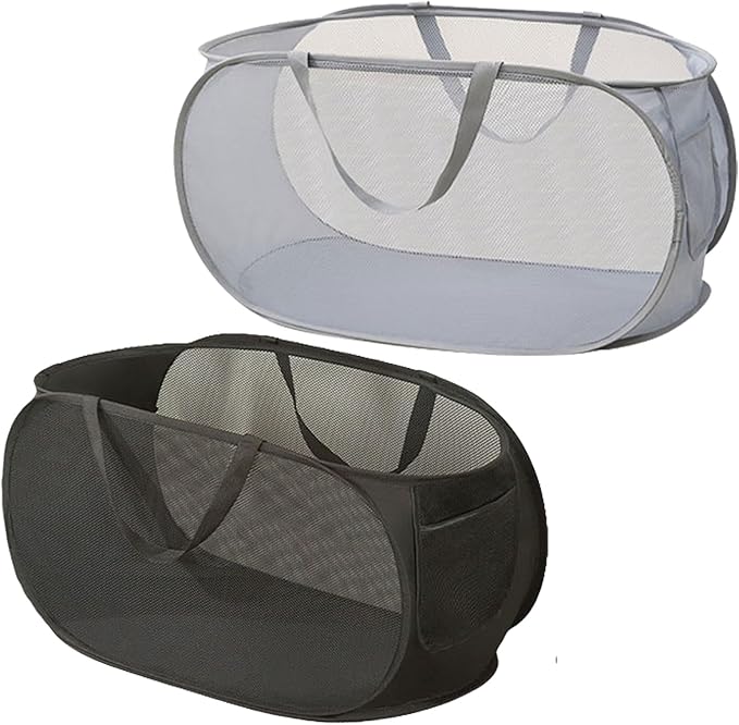 Rubruan 2 Piece Popup Mesh Laundry Basket Durable Handles Collapsible Laundry Baskets Folding Clothes Pastic Hamper for Laundry Room College Dorm (Black/Gray)