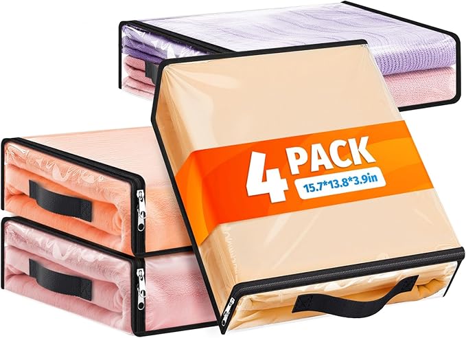 SpaceWhisper 4 Pack Clear Storage Bags, Plastic Blanket Storage Bags with Zipper and Handle, Moving Bags for Comforter, Bedding & Clothes, Closet Organizer and Under Bed Storage (15.7x13.8x3.9 Inch)