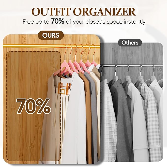 Velvet Hangers with Adjustable Clips 25 Pack, Space Saving, Non-Slip Slim Felt Clothes Hangers for Pants, Skirts, Dress, Suits, Heavy Duty Rose Gold Metal Hanger with 360° Swivel Hook (Pink)