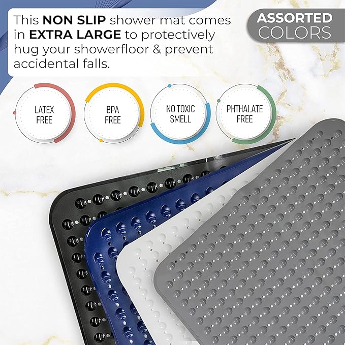 ENKOSI Extra Large Square Non Slip Shower Mat - 31 x 31-inch XL Bathroom Shower Mat - Square Shower Matts for Shower Stall Floors | Secure Suction Cups and Drain Holes (31x31 Light Blue)