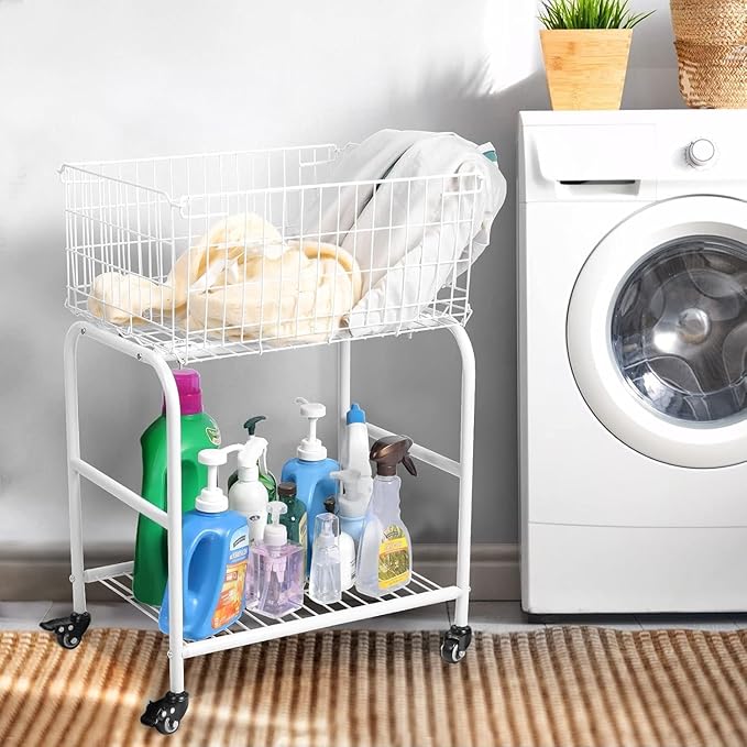 31" tall hennze one layer rolling wire laundry basket,easy moved wire laundry cart for clothes,pants laundry. children toys organization cart,metal cart with metal frame,enlarge the storage (white)