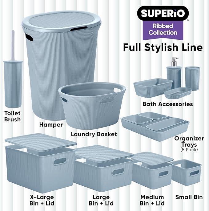 Superio Ribbed Collection - Decorative Plastic Basket Open Home Storage Bins Organizer, Medium Blue (4 Pack) Container Boxes for Organizing Closet Storage Bins for Shelves Drawer Shelf 5 Liter