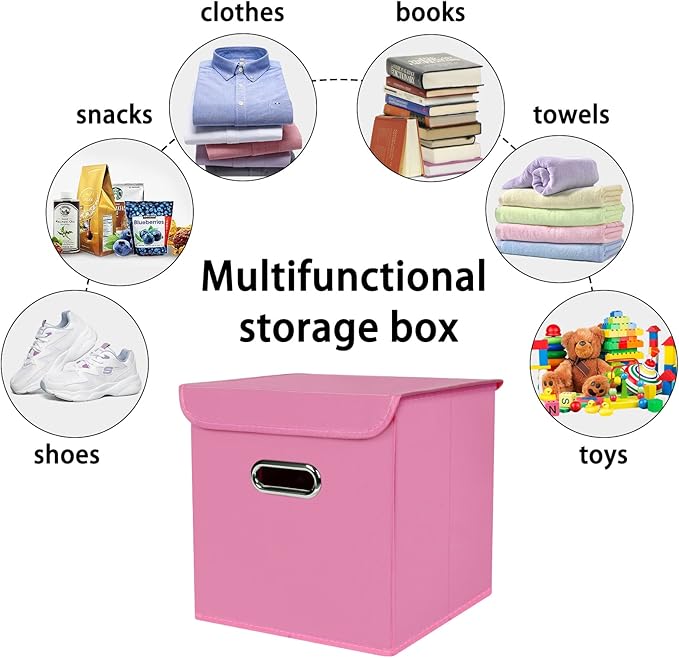 Closet Organizers Fabric Storage Bins With Lids Collapsible Cube Storages Organizer Basket With Handles,Storage Boxes for Clothes Storage,Office,Toys,3 Pack,（Pink