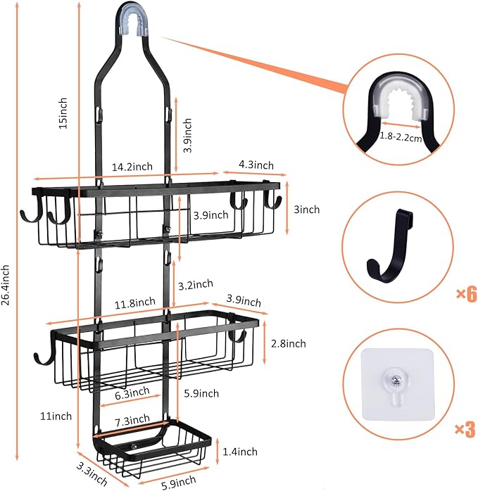 Bathroom Shower Caddy Hanging, Rustproof Waterproof Shower Organizer Shelf, No Drilling Storage Rack with 6 Hooks for Towels Sponge Shampoo Soap, Black