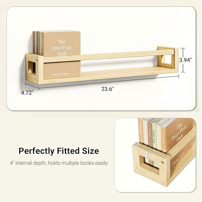 Upgraded Thick Floating Shelves - 24 Inch Multi-Use Wall-Mounted Bookshelves for Kids and Nursery, Ideal for Books, Toys, Spice Rack, Decor - Natural Wood