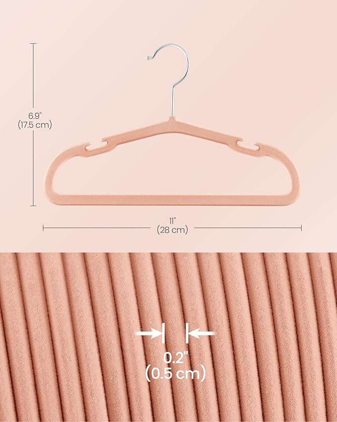 SONGMICS Baby Hangers 50 Pack, 11 x 6.9 Inches, Non-Slip Velvet Kids Hangers for Closet, Space-Saving, Wide Shoulder Notches, Coral Pink UCRF037R01