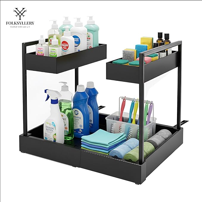Expandable Under Sink Organizer, 2-Tier Height Adjustable Sliding Rack, Carbon Steel Frame with Ball-Bearing Slides, 12.8”–20.5” Width for Kitchen & Bathroom(Does Not Fit Cabinets with Middle Divider)