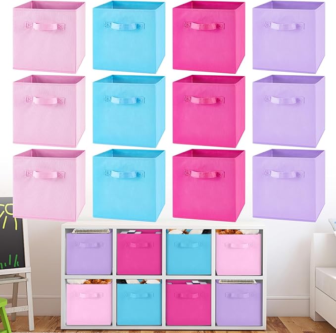 Yinder 12 Pcs Cube Storage Bin 11'' Storage Bins for Room Decor Colorful Bins Foldable Baskets for Nursery Organizer Boxes Fabric Boxes (Sky Blue, Purple, Pink, Rose)