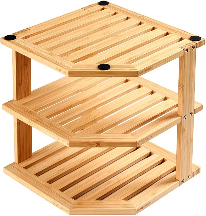 Umilife Plate Organizer for Cabinet, Extra Tall Bamboo Corner Shelf, Dish & Bread Organizer, Spice Rack, Kitchen Bathroom Countertop Storage Organization Space Saver