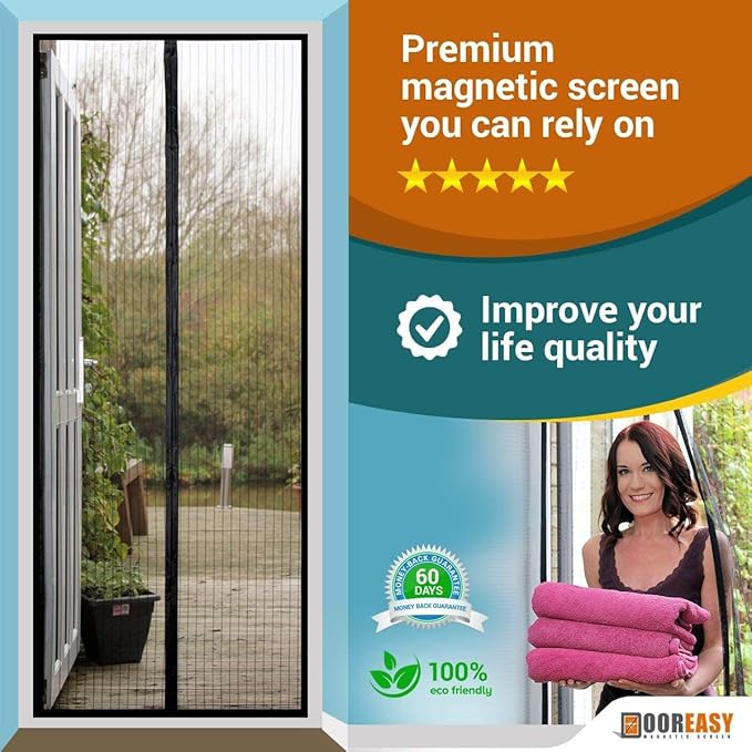 DOOREASY Magnetic Screen Door, Heavy Magnets, Loop Fully Sewn Top-to-Bottom Seal Screen Door Curtain,Quick Close No Slightest Gap(Fits Doors Up to 37"x82") Black