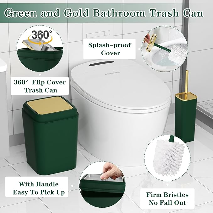 Bathroom Accessories Set, Green Bathroom Set, Dark Green Bathroom Accessory Set with Trash Can, Soap Dispenser, Soap Dish, Toothbrush Holder and Q-tip Holders