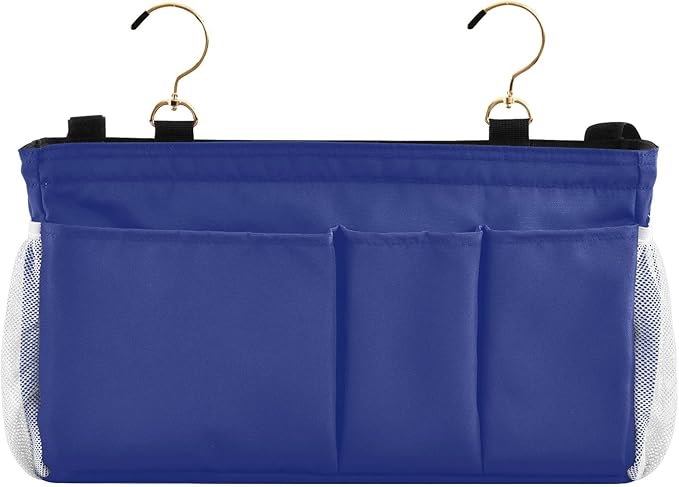 KOPIRIT Blue Bedside Caddy Storage Bag Bedside Organizer for Bunk Bed Headboards College Organizer Caddy Hanging Shelf 6 Pockets with Hooks for Book Glasses Phone Holder