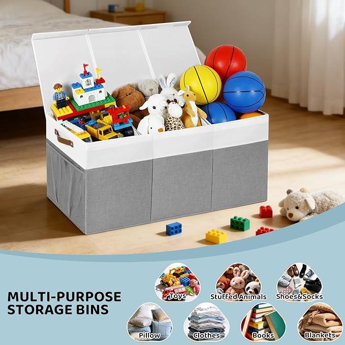 Extra Large Toy Chest,Foldable Storage Box,Large Storage Bins With Lids,Suitable for living rooms,studies,bedrooms(40"X18"X14",White & Grey)