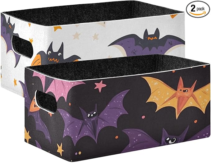 White Black Halloween Bats and Stars Closet Storage Bins 2 Pcs Felt Open Home Storage Containers Organizer with Handles Collapsible Shelf Basket for Home Office Craft Room Classroom Fabric
