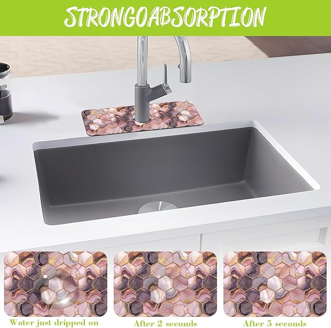 Sink Faucet Absorbing Mat Gold Pink Hexagon Texture Sink Splash Guard Drying Mat for Kitchen Bathroom Faucet Sinkmat 15.5"X5.5"