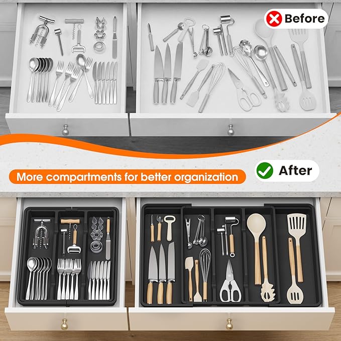 Silverware Organizer, Expandable Utensil Drawer Organizer for Kitchen Drawers, Kitchen Drawer Organizer for Spoons/Forks/Knives, Multipurpose & BPA Free Cutlery Tray, Black, 2 Pack