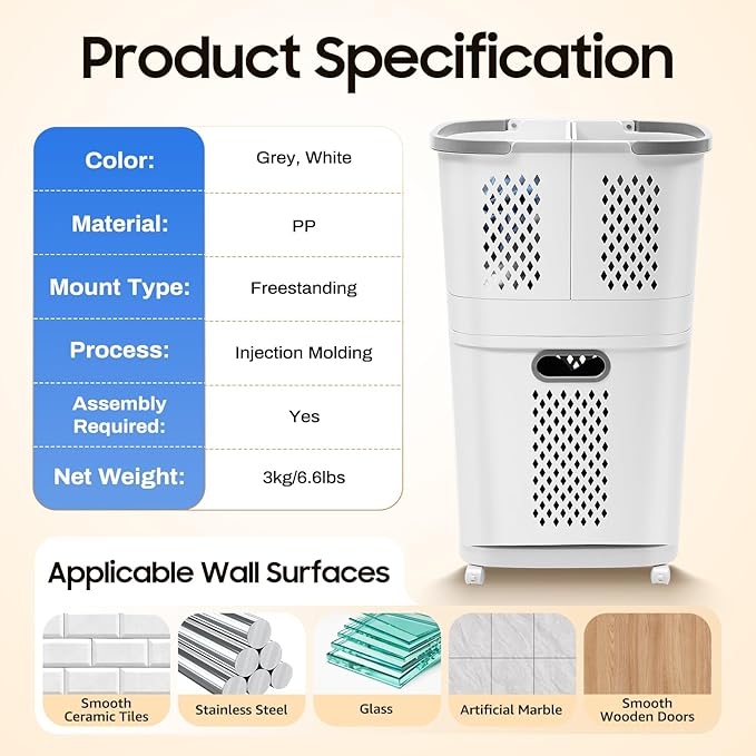 2 Tier Rolling Laundry Hamper Sorter Removable Clothes Hamper Organizer with Wheels White Portable Storage Baskets for Bedroom Laundry Room Bathroom