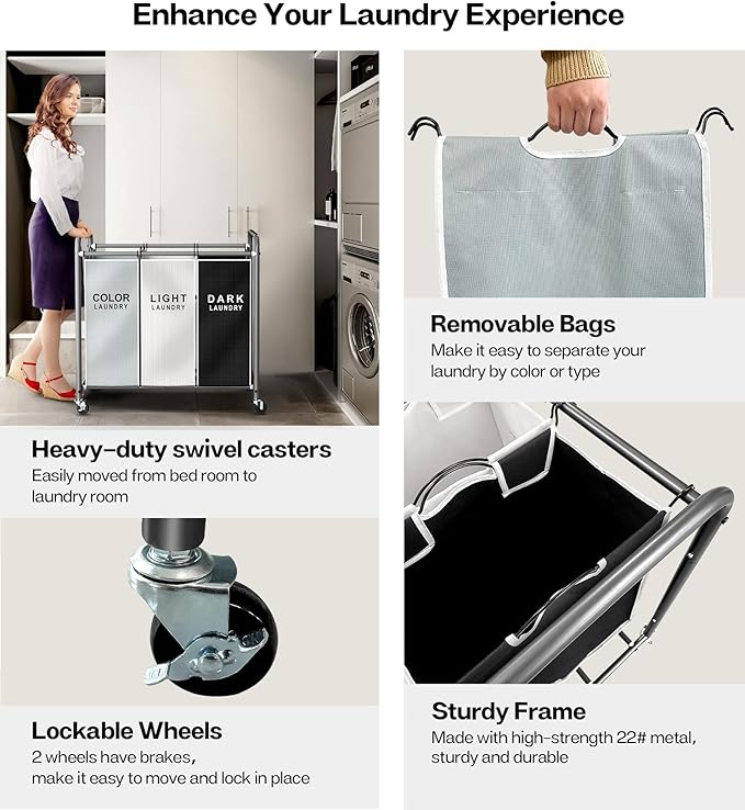 ROMOON Laundry Sorter Hamper 3 Section, Divided Laundry Basket Organizer with Heavy Duty Lockable Wheels and Removable Bags, Rolling Clothes Hamper for Apartment, Dorm & Family (130L Multicolor)
