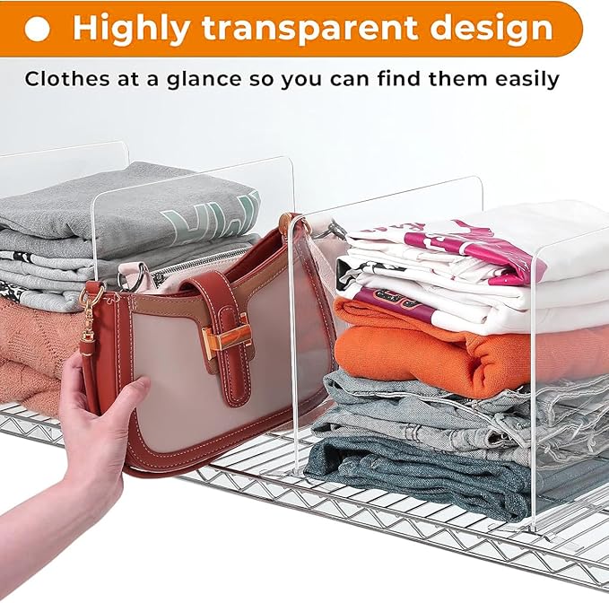 6 Pack Shelf Dividers for Wire Shelves, Acrylic Clear Closet Organizers and Storage for Sweater, Shirts, Bookshelf Handbags Separators Dividers for Closet Organization in Bedroom/Kitchen/Office/Pantry