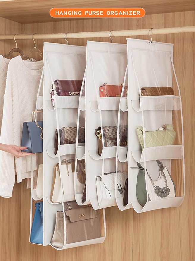 AARAINBOW 2 Pack Hanging Handbag Purse Organizer, 8 Pockets, Wardrobe Closet Space Saving Transparent Hand Bags Holder, 43.3L x 14.1W (Gray+Beige)