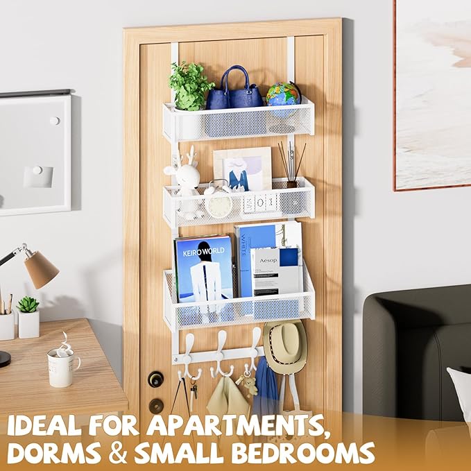 Kaiferty Over The Door Hooks Organizer, Coat Rack Over The Door Storage Hanger Towel Rack, Back of Door Storage Organizer for Bathroom,Bedroom,Kitchen,Office (White, 4-Tier)