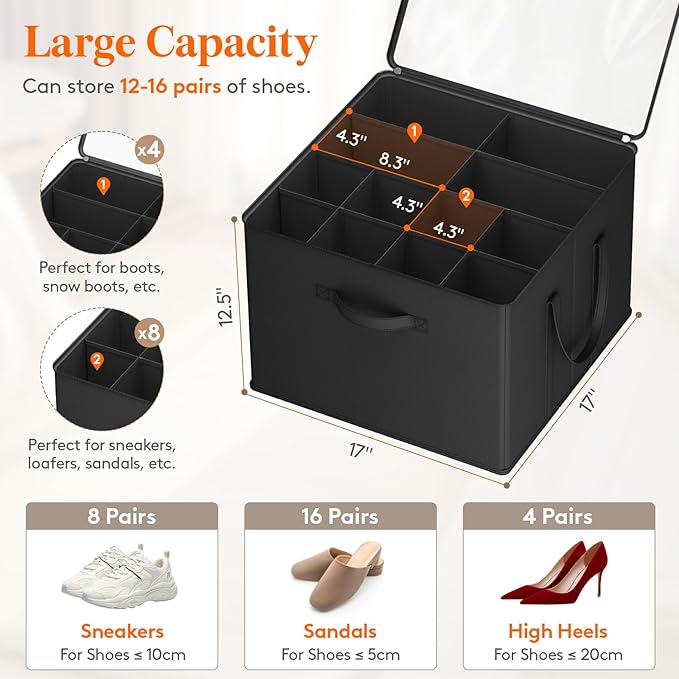 Lifewit Shoe Storage Organizer for Closet, Fabric Large Shoe Box Storage Containers with Clear Cover, Foldable Bins for Boots Heels Sneakers Fits 12-16 Pairs, 1 Pack Black