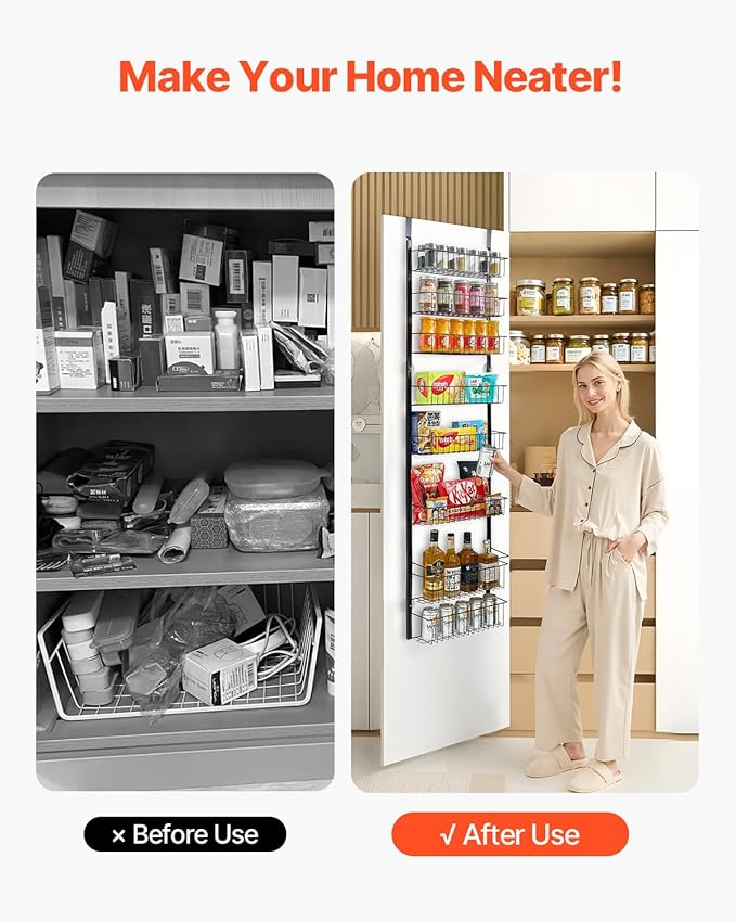 VEVOR Over the Door Pantry Organizer, 8-Tier Pantry Organization and Storage, Heavy-Duty Steel Hanging Spice Rack, Adjustable Wall Seasoning Shelves, for Home Kitchen Laundry Room Bathroom, Black
