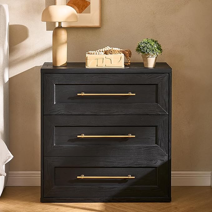 mopio Blake 3 Drawer Dresser for Bedroom, Chest of Drawers, Wood Dresser Organizer, Modern Farmhouse, Tall Night Stand, Enhanced Safety, Sturdy Compliant (Black Oak, Single)