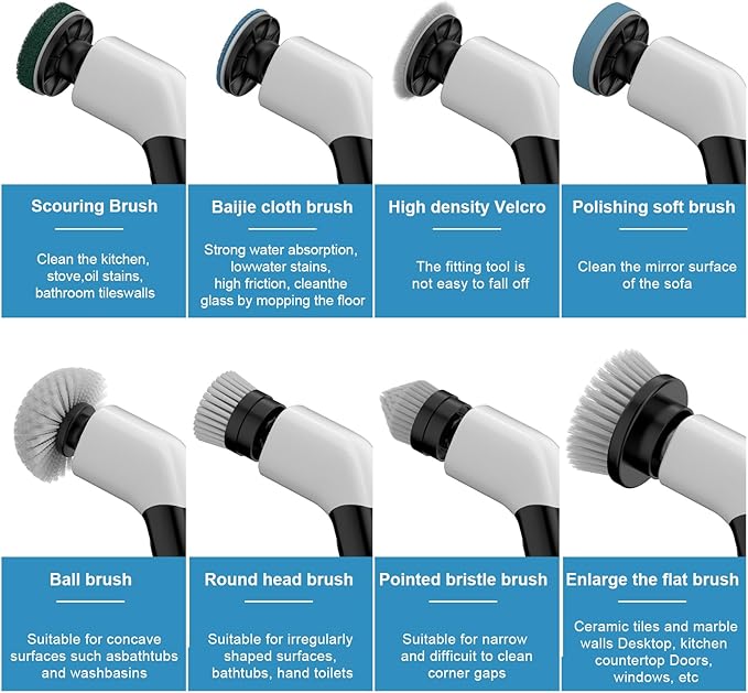 Replaceable Brush Heads Set,8 Pcs Set Suitable for Electric Spin Scrubber,Spin Brush Heads Replacement for Most Brands of ANS-8051A/8050 Cordless Shower Scrubber,for Home and Kitchen,Bathroom,Car
