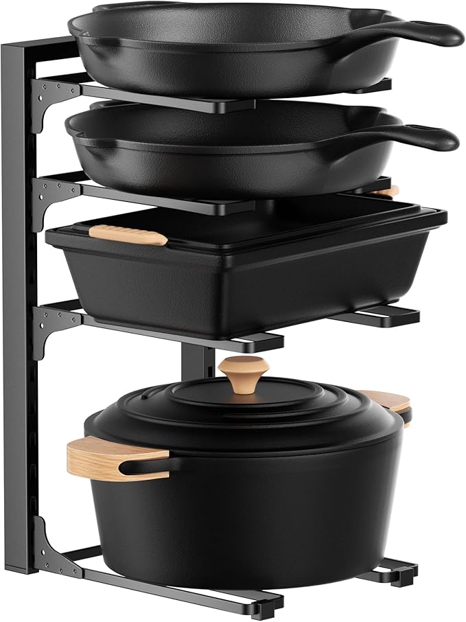 MUDEELA Pots and Pans Organizer under Cabinet 15.75" Tall, 4-Tier Heavy Duty Pan Organizers inside Cabinet Kitchen Storage, Adjustable Pot Rack Holds up to 88 LB Cast Iron Skillets Shallow Cookware