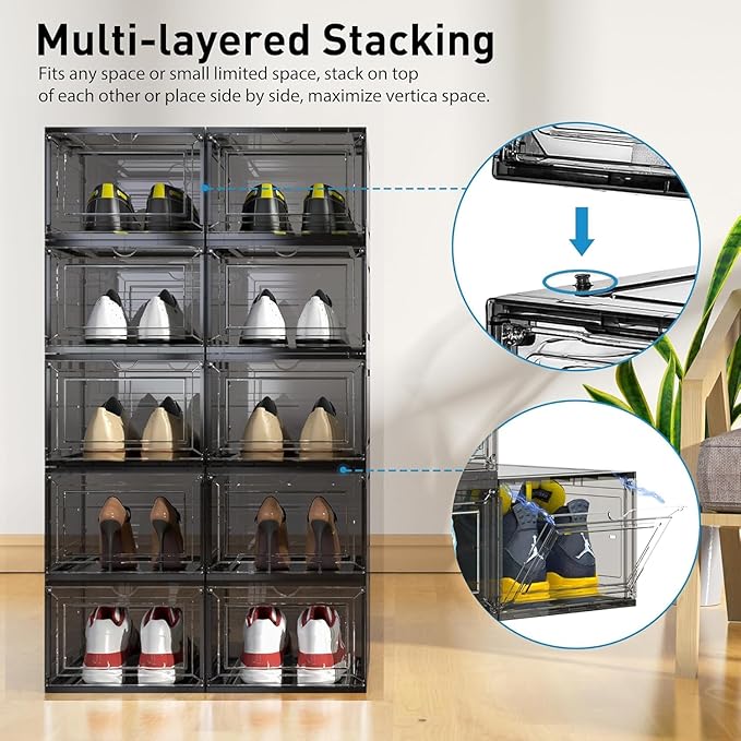 JWQ 10 Pack Extra XX Large Hard Plastic Clear Stackable Shoe Storage Box Organizer for Closet, Thicken Sturdy Sneaker Shoe Rack Display Case Containers Bins with Lids and Magnetic Door, Grey