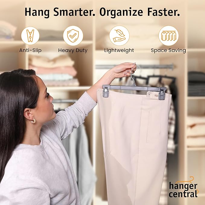 Hanger Central 12 Pack Pants Hangers – 12 Inch Slim Plastic Clothes Hangers with Clips for Skirts, Pants, Shorts – Space Saving Heavy Duty Closet Organizer with Non Slip Grip & Swivel Hook – Black