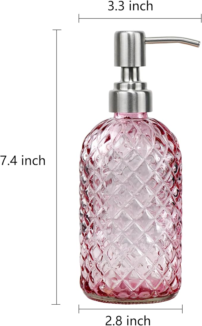 16 oz Soap Dispenser with 304 Rustproof Stainless Steel Pump, Kitchen, Bathroom Refillable Glass Liquid Soap Dispenser for Hand Soap, Soap, Lotion. (Pink-2pack)