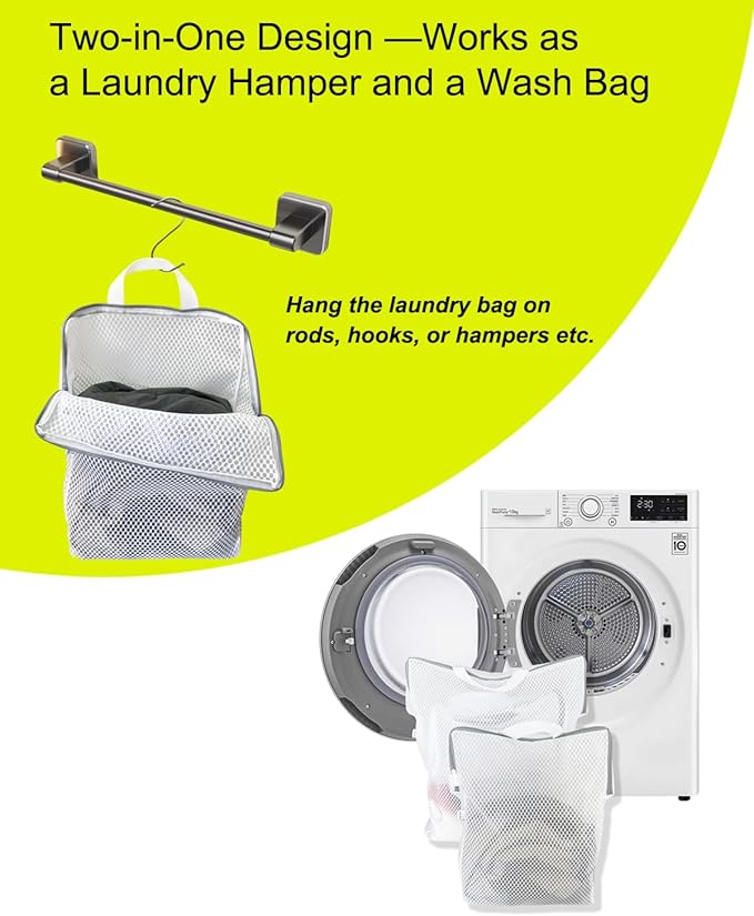 2-Pack Hanging Laundry Bag for Washing Machine, Large & XL Mesh Laundry Bags for Delicates with S Hooks, Durable Zippered Wash Bags for Clothes, Socks, Lingerie