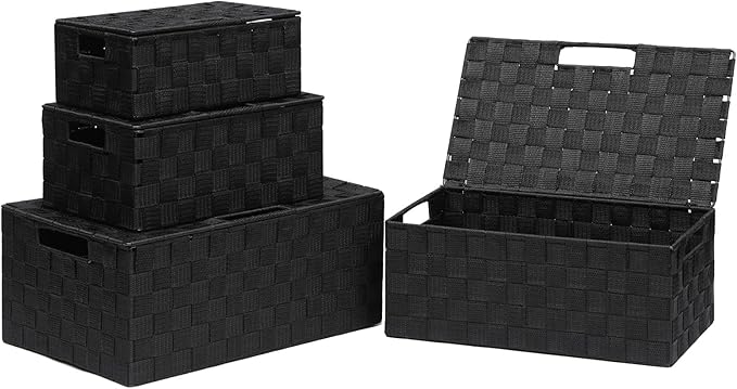 Storage Bins Woven Organizer with Lids Set of 4 – Polypropylene Storage Baskets with Metal Frame, Stackable Fabric Boxes for Drawers, Closet, Shelf, Nursery and Office, Black