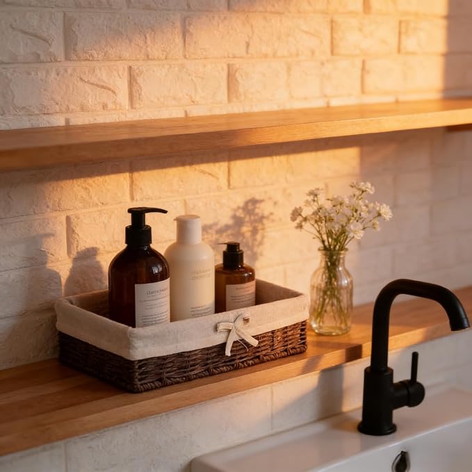 Set of 4 Storage Baskets for Shelves – Dark Brown Paper Rope, Fabric Lined Handwoven Shallow Rectangle Baskets, Decorative Bathroom Counter & Dresser Organizer Bins