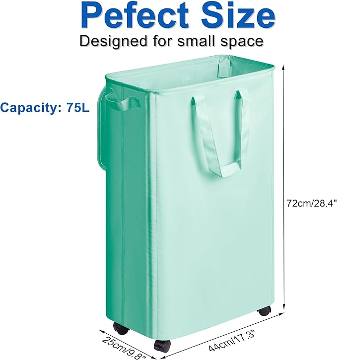 Slim Laundry Hamper with Lid and Wheels, Small Rolling Laundry Basket with Handle for Small Spaces, Tall Dirty Clothes Hampers for Dorm, Bathroom and Bedroom, 75L, Light Blue