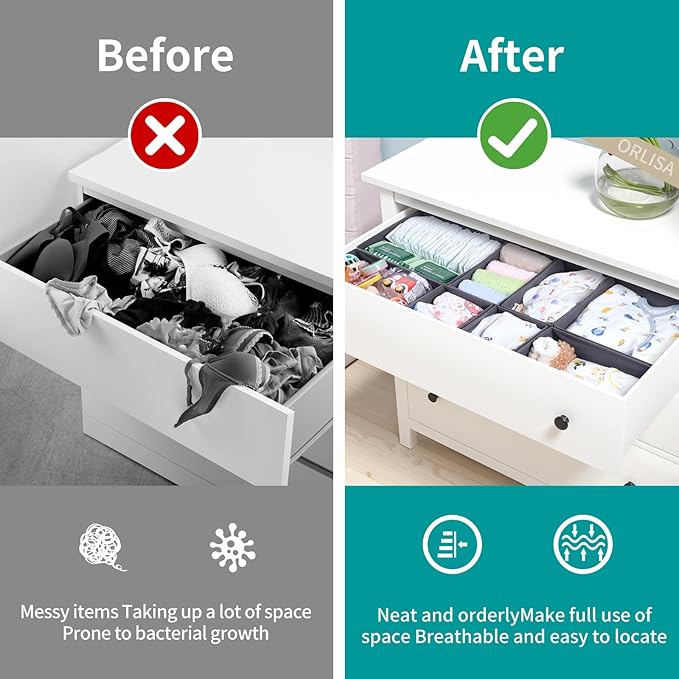 8 Pack Drawer Organizer for Baby Clothes, Foldable & Washable Bins - Perfect for Nursery & Dresser Organization, Grey - Durable Storage Solution for Baby Essentials, Socks,