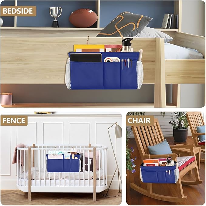 KOPIRIT Blue Bedside Caddy Storage Bag Bedside Organizer for Bunk Bed Headboards College Organizer Caddy Hanging Shelf 6 Pockets with Hooks for Book Glasses Phone Holder