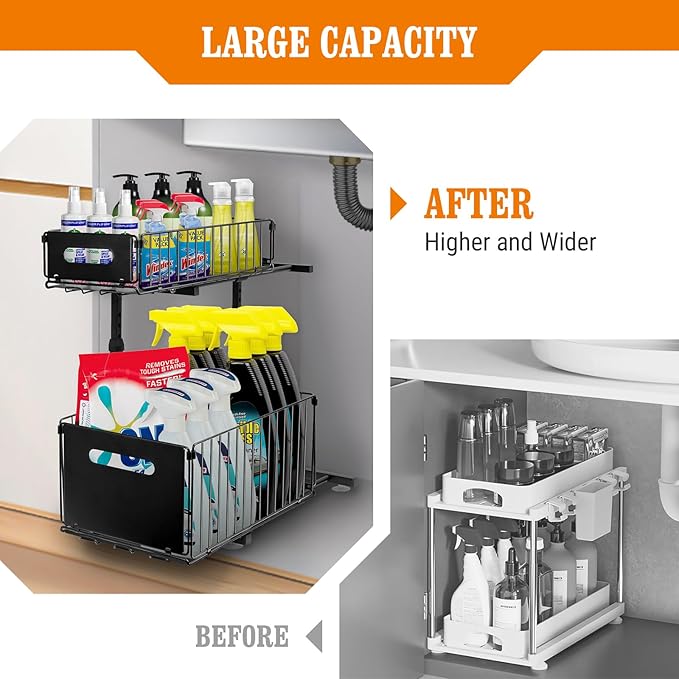 Under Sink Organizers and Storage, 2-Tier Pull Out Cabinet Organizer, Slide Sink Steel Shelf Cabinet Storage Shelves, Height Adjustable Under Sink Storage for Kitchen Bathroom, 2 Pack