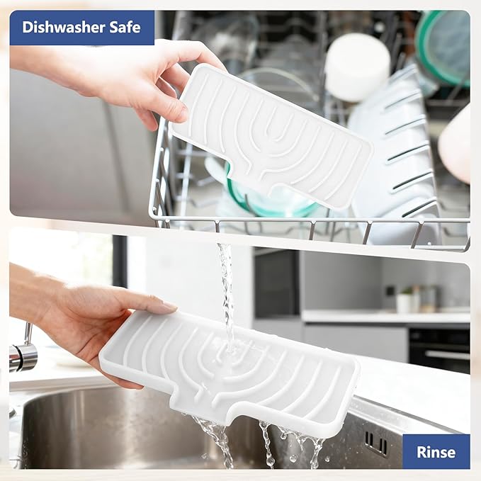Silicone Sponge Holder for Kitchen Sink With Drain Spout, Self Draining, Kitchen Soap Tray, Bathroom Organizer, Sink Caddy, Perfect for Dispenser, Scrubber, Bottle, Cup on Counter (White, 10×4)