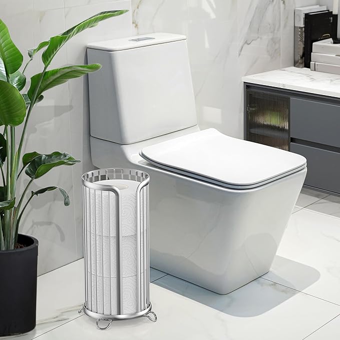 Bunoxea Toilet Paper Holder Stand, Freestanding Toilet Tissue Organizer, Minimalistic Storage Solution, Reserve Mega Rolls,Modern -2PACK Silver