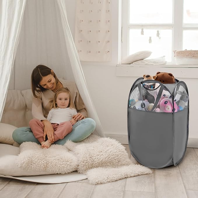 TECHMILLY Pop Up Foldable Laundry Basket, Mesh Laundry Hamper with Reinforced Handles for Dirty Clothes Storage in Dorm, Laundry Room, Bathroom, Grey(Fabric)