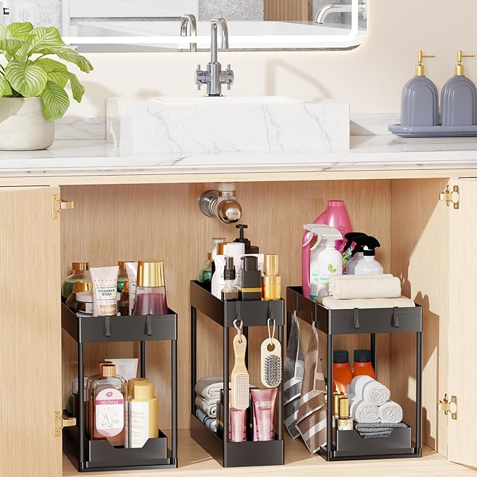 Simple Trending 3 Pack Under Sink Organizer, Pull-Out Cabinet Organizer Drawer, 2 Tier Multi-Purpose Slide Out Storage Shelf for Kitchen Bathroom, Black