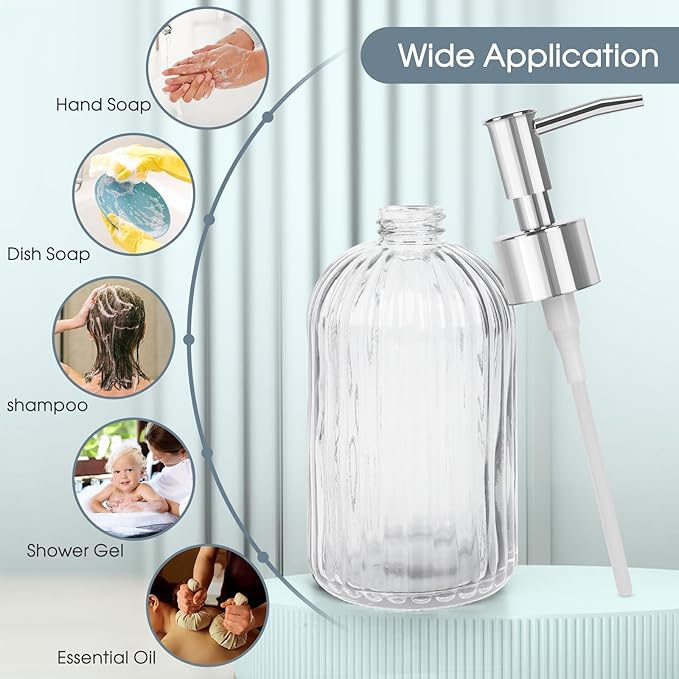 2 Pack Stripe Glass Soap Dispenser with Silver Plastic Pump, 400ml Liquid Hand Soap Dispenser, Rustproof Pump for Kitchen & Bathroom, Great for Lotions, Essential Oil, Liquid Soaps- (Transparent)