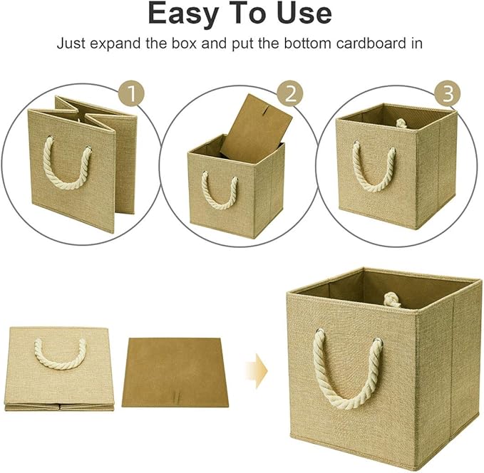 i BKGOO Foldable Storage Cube Bins Khaki Linen Fabric Collapsible Resistant Basket Box Organizer with Cotton Rope Handle for Home Office and Nursery 10.5x10.5x11 inch