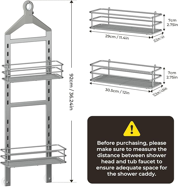 Orimade Adjustable Anti-slip Shower Caddy over Shower Head, Rustproof Bathroom Hanging Organizer with 2 Hooks for Razor, No Drilling Shelves Storage Rack 2 Tier, Light Grey