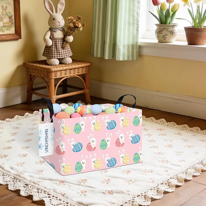 LANGYASHAN Rectangular Storage Bin Collapse Canvas Fabric Cartoon Storage Basket with Handles for Organizing Home Kitchen Boys and Girls Toys Office Closet Shelf Baskets (Rec Pink Rabbit Easter Egg)