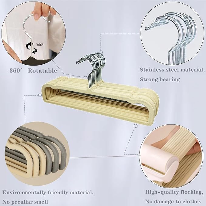 Velvet Hangers Non Slip - Thin Space Saving Clothes Hanger - 20 Pack Pants Hangers for Closet - Strong Durable Jean Perchas with 360 Degree Rotatable Silver Hook for Tank Top (Beige)
